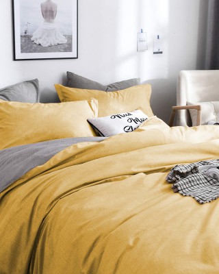 Çift Kişilik Ranforce Çift Taraflı Nevresim Takımı - Lastikli Çarşaflı Sarı-Gri